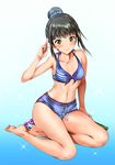  barefoot bikini black_hair green_eyes hair_bun hamaguchi_ayame highres idolmaster idolmaster_cinderella_girls maruwa_tarou short_hair smile solo striped striped_bikini swimsuit 