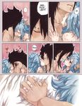  1girl biting black_hair blue_hair blush close-up comic couple english eyebrow_piercing fairy_tail gajeel_redfox hand_in_another's_hair heart hetero hickey highres holding_hands kiss levy_mcgarden messy_hair nose_piercing piercing rusky studs sweat tattoo 