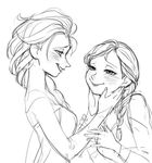  a-ka anna_(frozen) blush elsa_(frozen) eye_contact frozen_(disney) greyscale incest looking_at_another monochrome multiple_girls siblings sisters smile touching yuri 