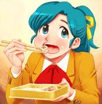  chopsticks eating food food_on_face green_hair hair_ribbon high_school!_kimengumi lafolie long_hair obentou open_mouth ponytail ribbon rice rice_on_face shumai_(food) solo uru_chie 