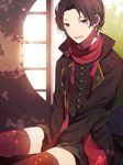  bad_id bad_pixiv_id brown_hair earrings highres jewelry kashuu_kiyomitsu male_focus mole mole_under_mouth nanase09rr open_mouth ponytail red_eyes red_legwear scarf shorts sitting smile solo thighhighs touken_ranbu 