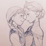  a-ka anna_(frozen) braid elsa_(frozen) eye_contact face-to-face frozen_(disney) hair_up incest looking_at_another monochrome multiple_girls siblings sisters smile twin_braids upper_body yuri 