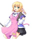  adapted_costume apron arm_warmers blonde_hair green_eyes hand_on_hip isaki_(gomi) looking_at_viewer mizuhashi_parsee open_mouth pointy_ears scarf shirt short_sleeves simple_background skirt smile solo touhou white_background 