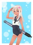  blue_eyes blush flower hair_flower hair_ornament highres kantai_collection kiyomin long_hair one-piece_swimsuit open_mouth ro-500_(kantai_collection) school_swimsuit school_uniform serafuku silver_hair smile solo swimsuit swimsuit_under_clothes tan tanline wet 