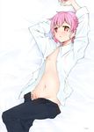  androgynous braid dress_shirt groin highres leona_west male_focus mole mole_under_eye navel okiru open_clothes open_shirt pants_pull pink_hair pretty_(series) pripara shirt solo unbuckled_belt 