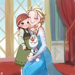  a-ka anna_(frozen) elsa_(frozen) frozen_(disney) kneeling multiple_girls olaf_(frozen) siblings sisters smile younger 