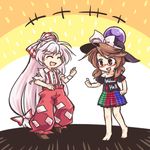  2girls ^_^ barefoot bow brown_eyes brown_hair closed_eyes clothes_writing cosplay fujiwara_no_mokou glasses hair_bow hat hat_bow hecatia_lapislazuli hecatia_lapislazuli_(cosplay) long_hair low_twintails lowres multicolored multicolored_clothes multicolored_skirt multiple_girls open_mouth plaid plaid_skirt pote_(ptkan) red-framed_eyewear skirt smile suspenders thumbs_up torn_clothes torn_sleeves touhou twintails usami_sumireko very_long_hair white_hair 