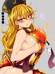  ass blonde_hair blush breasts earrings fang grabbing hair_ornament heart highres huge_breasts jewelry junko_(touhou) long_hair looking_at_viewer mature naked_tabard open_mouth red_eyes roki_(hirokix) sash sideboob solo sweat tabard touhou very_long_hair 