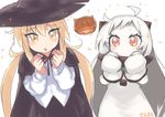  :o ahoge alternate_costume artist_name blonde_hair blush cape check_commentary clenched_hands commentary_request dress enemy_aircraft_(kantai_collection) gloves halloween hat horns kantai_collection long_hair long_sleeves looking_at_viewer low_twintails mittens multiple_girls northern_ocean_hime open_mouth pale_skin red_eyes satsuki_(kantai_collection) sensen shinkaisei-kan skirt sleeveless sleeveless_dress sparkle twintails white_background white_dress white_hair white_skin witch_hat yellow_eyes 