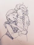  a-ka anna_(frozen) closed_eyes elsa_(frozen) frozen_(disney) happy hug laughing monochrome multiple_girls siblings sisters smile 
