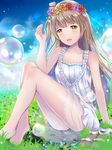  bad_id bad_pixiv_id bare_shoulders barefoot brown_hair bubble day dress flower grass hair_flower hair_ornament head_wreath highres konka legs long_hair love_live! love_live!_school_idol_project minami_kotori one_side_up sandals sandals_removed shoes_removed sky smile solo yellow_eyes 