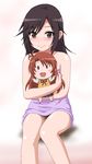  bare_shoulders black_hair blush brown_eyes character_doll hayashiya_zankurou ichijou_hotaru koshigaya_komari long_hair looking_at_viewer naked_towel non_non_biyori sitting smile solo towel white_background 