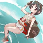  black_hair brown_eyes diving_mask diving_mask_on_head ground_vehicle gun kantai_collection maru-yu_(kantai_collection) military military_vehicle motor_vehicle one-piece_swimsuit school_swimsuit short_hair solo swimsuit takada_sekiyu_(kabu) tank weapon white_school_swimsuit white_swimsuit 