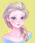  a-ka bare_shoulders blonde_hair blue_eyes blush braid elsa_(frozen) frozen_(disney) hair_over_shoulder long_hair single_braid smile solo yellow_background 