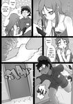  1girl blush camisole comic delivery doorway downblouse english finger_to_mouth flat_chest ghettoyouth greyscale hat highres long_hair minami_hana_(ghettoyouth) monochrome nipples original strap_slip surprised 
