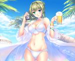  alcohol bad_id bad_pixiv_id beer bikini blue_eyes breasts brown_hair gorua_(youce01) green_eyes heterochromia idolmaster idolmaster_cinderella_girls large_breasts looking_at_viewer mole mole_under_eye short_hair short_ponytail smile solo swimsuit takagaki_kaede 