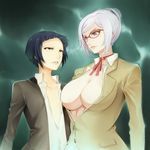  angry bettou_risa black_hair breasts brown_eyes cleavage flat_chest glasses highres large_breasts lips miyo_(13th_floor) multiple_girls open_clothes open_shirt prison_school red-framed_eyewear shiraki_meiko shirt short_hair silver_hair 