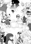  6+girls bangs barefoot blunt_bangs boots bow chen cirno closed_eyes comic faceless faceless_female flandre_scarlet food full_moon geta gohei greyscale hair_bow hair_tubes hairband hat hinanawi_tenshi horn horns hoshiguma_yuugi ibuki_suika inaba_tewi kirisame_marisa konpaku_youmu long_hair looking_at_viewer mallet mochi mochitsuki monochrome mononobe_no_futo moon multiple_girls night night_sky open_mouth patchouli_knowledge pillow_hat puffy_short_sleeves puffy_sleeves reiuji_utsuho remilia_scarlet rumia shide short_hair short_sleeves sky sleeves_rolled_up tabi touhou translated v wriggle_nightbug yakumo_ran 