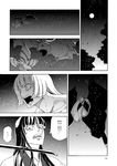  2girls bat bug close-up comic cutting_hair face flying fujiwara_no_mokou full_moon greyscale houraisan_kaguya insect long_hair looking_down monochrome monster moon moth multiple_girls night night_sky open_mouth sharp_teeth sheath sky sweat sweatdrop sword_to_throat teeth time_stop touhou translated upper_body very_long_hair weapon 