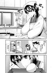  1girl admiral_(kantai_collection) alternate_costume ayasugi_tsubaki comic commentary cooking eighth_note flying_sweatdrops greyscale head_scarf housewife kaga_(kantai_collection) kantai_collection kappougi kitchen monochrome musical_note spoken_musical_note tenugui translated 