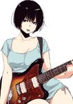  black_hair collarbone guitar highres instrument jazzmaster looking_at_viewer matsuda_hikari original plectrum short_hair simple_background solo white_background 