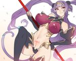  ban bangs black_gloves black_legwear blunt_bangs breasts covered_nipples elbow_gloves fingerless_gloves gloves hand_on_hip holding holding_weapon large_breasts long_hair monkey_tail navel pointy_ears purple_hair queen's_blade queen's_blade_grimoire seiten_(queen's_blade) smile solo staff tail thighhighs twintails weapon 