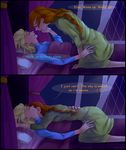  2koma anna_(frozen) bed blonde_hair comic elsa_(frozen) english frozen_(disney) hug incest lying multiple_girls orange_hair siblings sisters tin994 yuri 