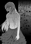  1girl bare_shoulders closed_mouth collarbone comic disembodied_head expressionless facial_mark fujiwara_no_mokou greyscale horns long_hair monochrome navel pile_of_skulls sarashi scar sharp_teeth skull teeth torn_clothes touhou very_long_hair youkai 