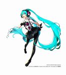  alternate_costume black_gloves blue_eyes blue_hair full_body gloves hand_on_own_chest hatsune_miku headphones highres long_hair looking_at_viewer official_art parody persona persona_4:_dancing_all_night persona_dancing smile soejima_shigenori solo twintails very_long_hair vocaloid white_background 