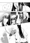  ... 3girls bleeding blood blood_on_face bloody_nose closed_eyes comic expressionless fujiwara_no_mokou greyscale holding holding_sword holding_weapon houraisan_kaguya injury japanese_clothes long_hair monochrome multiple_girls nosebleed sarashi speech_bubble spoken_ellipsis sword time_stop touhou translated very_long_hair weapon yagokoro_eirin 