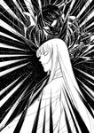  2girls clenched_teeth comic emphasis_lines empty_eyes from_side fujiwara_no_mokou greyscale holding holding_weapon houraisan_kaguya long_hair monochrome multiple_girls no_pupils teeth touhou upper_body very_long_hair weapon 