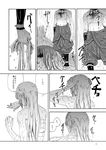  1girl bleeding blood boots closed_mouth comic cuffs disembodied_head from_behind fujiwara_no_mokou greyscale head_out_of_frame injury long_hair midriff monochrome muscle navel picking_up rain sarashi shaded_face speech_bubble talking touhou translated upper_body 
