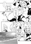  4girls :d ahoge aircraft_carrier_oni bangs capera comic emphasis_lines greyscale hair_between_eyes highres horns i-class_destroyer kantai_collection long_hair mittens monochrome multiple_girls northern_ocean_hime notice_lines o_o open_mouth re-class_battleship sharp_teeth shinkaisei-kan short_hair sky smile speech_bubble ta-class_battleship teeth translated v-shaped_eyebrows wo-class_aircraft_carrier 