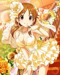  artist_request bracelet breasts brown_eyes brown_hair cleavage dress earrings formal hair_ornament idolmaster idolmaster_cinderella_girls jewelry katagiri_sanae large_breasts necklace official_art short_twintails smile solo twintails yellow_dress 