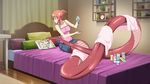  alarm_clock breasts camisole clock full_body hair_bun hair_ornament hairclip lamia long_hair medium_breasts miia_(monster_musume) monster_girl monster_musume_no_iru_nichijou on_bed pointy_ears reading red_hair scales screencap shelf skirt solo towel wide_shot 