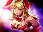  alternate_costume animal_ears banana bare_shoulders between_breasts blonde_hair blue_eyes bow bowtie breast_squeeze breasts bunny_ears bunny_girl bunnysuit cleavage detached_collar fake_animal_ears food fruit game_cg hair_ornament hairclip highres huniepop jessie_maye large_breasts leaning_forward long_hair looking_at_viewer mature naughty_face ninamo non-web_source pantyhose phallic_symbol sexually_suggestive smile solo wrist_cuffs 