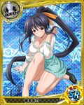  argyle argyle_background bare_shoulders blue_hair breasts card_(medium) chess_piece cleavage cleavage_cutout collarbone hair_ribbon halftone halftone_background high_heels high_school_dxd himejima_akeno large_breasts long_hair looking_at_viewer magic_circle no_socks official_art ponytail purple_eyes queen_(chess) ribbon skirt smile solo trading_card very_long_hair 
