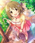  :d artist_request bare_legs bracelet breasts brown_eyes brown_hair cleavage closed_umbrella flower from_above full_body grass hair_flower hair_ornament heart heart_print holding holding_umbrella idolmaster idolmaster_cinderella_girls jewelry jpeg_artifacts logo looking_at_viewer medium_breasts mimura_kanako necklace official_art open_mouth outdoors pavement pink_skirt print_skirt puddle rainbow sandals short_hair short_sleeves skirt smile sparkle standing umbrella water_drop 