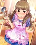  apron artist_request blue_skirt blush brown_hair chair eyebrows hair_bun idolmaster idolmaster_cinderella_girls jpeg_artifacts kamiya_nao ladle long_hair official_art photo_(object) plant potted_plant red_eyes skirt solo striped striped_clothes 