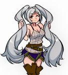  1girl absurdres akairiot belt boots breasts cleavage female female_my_unit_(fire_emblem:_kakusei) fire_emblem fire_emblem:_kakusei grey_hair happy highres long_hair my_unit my_unit_(fire_emblem:_kakusei) nintendo orange_eyes sideboob smile solo thigh_boots thighhighs thighs twintails very_long_hair white_background white_hair wink 