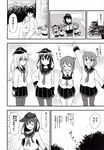  4girls absurdres admiral_(kantai_collection) akatsuki_(kantai_collection) bug butterfly comic dekosuke fang folded_ponytail greyscale hair_ornament hairclip hat hat_removed headwear_removed hibiki_(kantai_collection) highres ikazuchi_(kantai_collection) inazuma_(kantai_collection) insect kantai_collection long_hair monochrome multiple_girls naoharu_(re_barna) pantyhose photo_(object) pleated_skirt remodel_(kantai_collection) school_uniform serafuku short_hair sitting skirt smile translated tree younger 