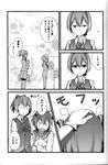  =) bangs comic doujinshi dress gloves greyscale highres ichifuji_nitaka_(phase_nine) kantai_collection monochrome multiple_girls neck_ribbon o_o open_mouth petting ribbon sailor_dress school_uniform shiranui_(kantai_collection) skirt smile translated yukikaze_(kantai_collection) |_| 