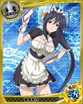  argyle argyle_background black_hair breasts card_(medium) chess_piece cleavage halftone halftone_background high_school_dxd himejima_akeno huge_breasts magic_circle maid notepad official_art ponytail purple_eyes queen_(chess) solo trading_card tray 