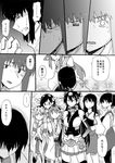  6+girls akagi_(kantai_collection) clenched_teeth comic elbow_gloves female_admiral_(kantai_collection) fingerless_gloves glasses gloves greyscale hair_ornament hairband hairpin hand_on_another's_shoulder hand_on_hip haruna_(kantai_collection) headgear hiei_(kantai_collection) ichiei kaga_(kantai_collection) kantai_collection kirishima_(kantai_collection) kongou_(kantai_collection) long_hair midriff monochrome multiple_girls muneate nagato_(kantai_collection) navel nontraditional_miko short_hair side_ponytail skirt spoken_ellipsis teeth translation_request 