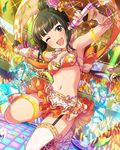  ;d armpits artist_request black_hair fingerless_gloves flower garter_straps gloves green_eyes hair_bun hair_flower hair_ornament hamaguchi_ayame idolmaster idolmaster_cinderella_girls jewelry midriff navel necklace official_art one_eye_closed open_mouth scarf smile 