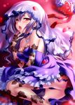  bare_shoulders elbow_gloves fishnets gloves idolmaster idolmaster_cinderella_girls jewelry kanzaki_ranko long_hair necklace open_mouth petals red_eyes silver_hair solo veil zen 