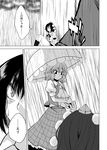  blush comic frown greyscale hane_(hanegoya) hat kazami_yuuka monochrome multiple_girls pointy_ears rain shameimaru_aya short_hair sitting skirt tokin_hat touhou translated tree umbrella wet wet_clothes 