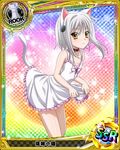  animal_ears bare_legs bare_shoulders breasts card_(medium) cat_ears cat_hair_ornament cat_tail chess_piece collar collarbone dress hair_ornament high_school_dxd looking_at_viewer official_art rook_(chess) silver_hair small_breasts solo tail toujou_koneko trading_card tsurime yellow_eyes 