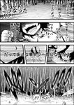  2girls bamboo bamboo_forest chen clenched_hand comic flashback forest greyscale inaba_tewi monochrome multiple_girls nature niiko_(gonnzou) running sweat touhou translated 