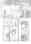  1girl comic door greyscale japanese_clothes kaga_(kantai_collection) kantai_collection monochrome nontraditional_miko plant pleated_skirt ponytail potted_plant sakimiya_(inschool) short_hair side_ponytail skirt solo thighhighs translated tree 